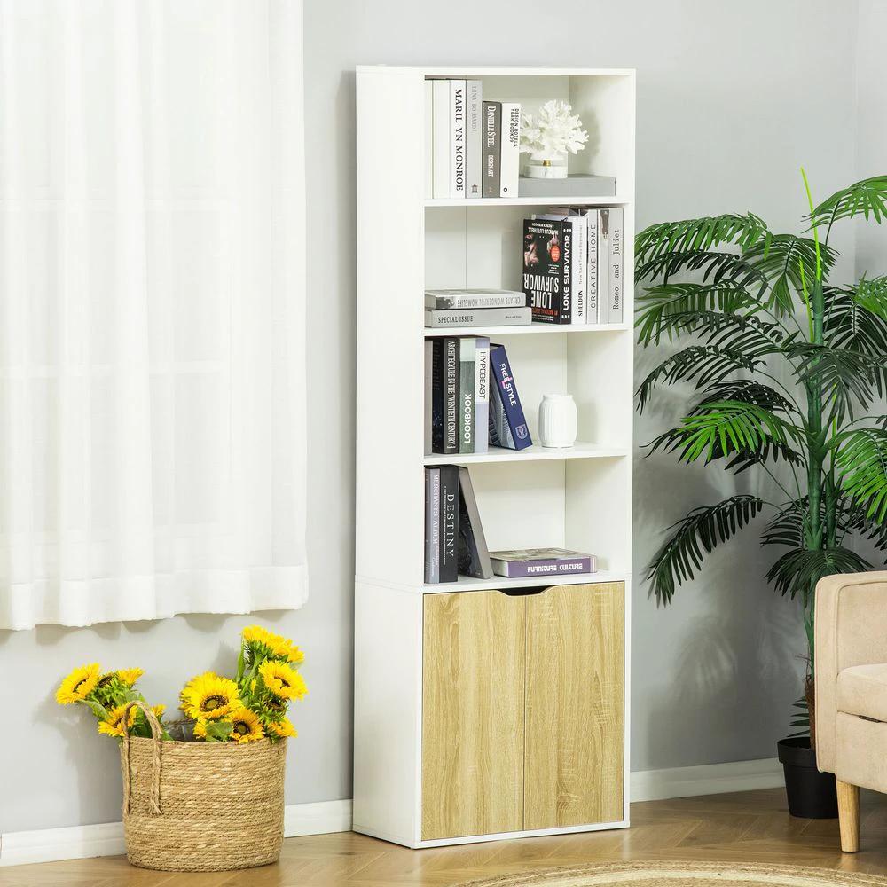 2 Door 4 Shelves Tall Bookcase Cupboard Display Unit Homcom White and Oak by HOMCOM