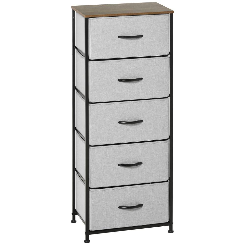 HOMCOM 5 Drawer Fabric Chest of Drawers w/ Wooden Top for Closet Hallway Grey - Uncategorized Chest of Drawers