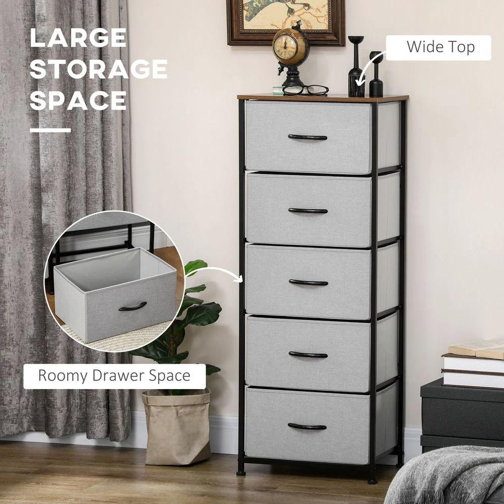HOMCOM 5 Drawer Fabric Chest of Drawers w/ Wooden Top for Closet Hallway Grey - Uncategorized Chest of Drawers