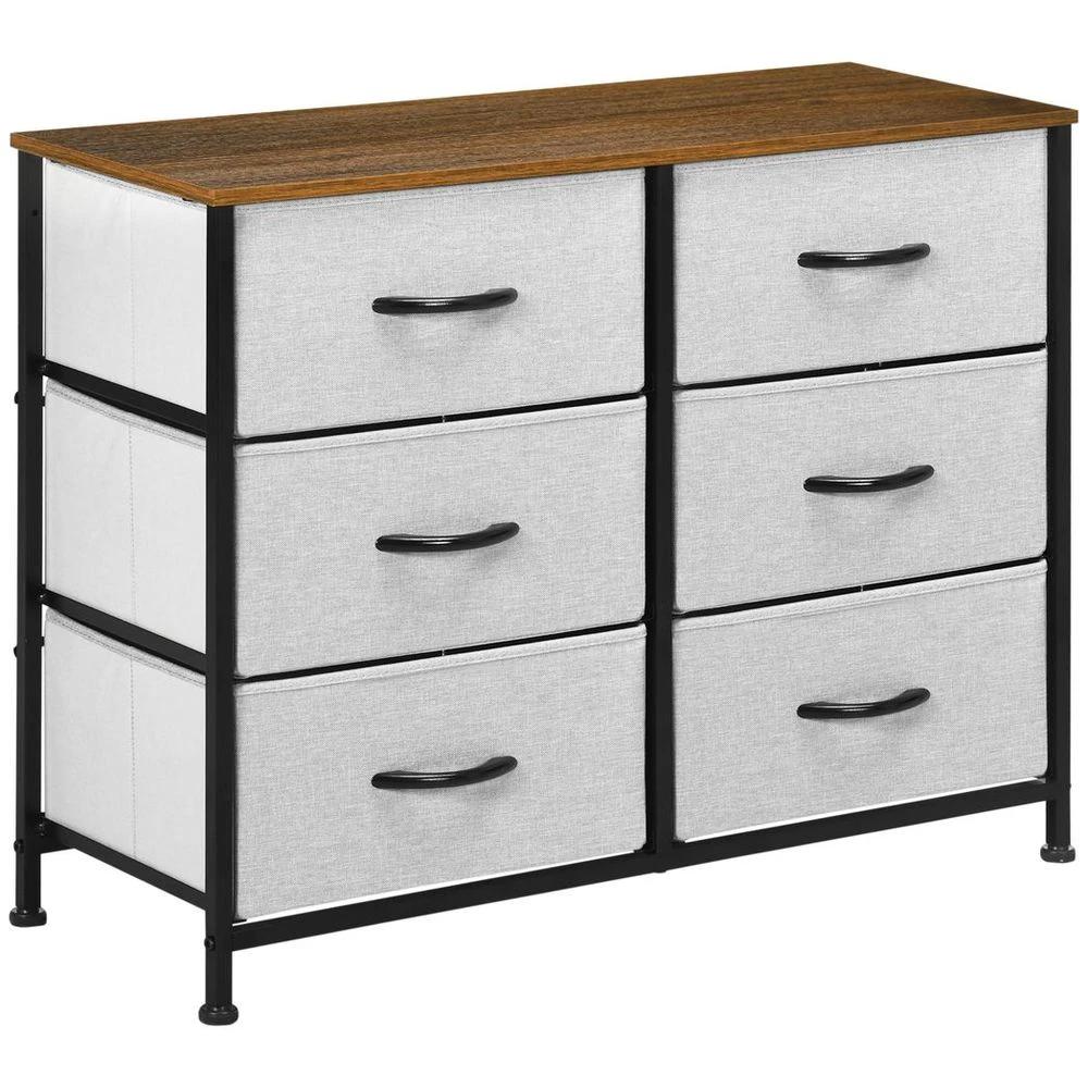 HOMCOM 6 Drawer Fabric Chest of Drawers w/ Wooden Top for Closet Hallway Grey - Uncategorized Chest of Drawers