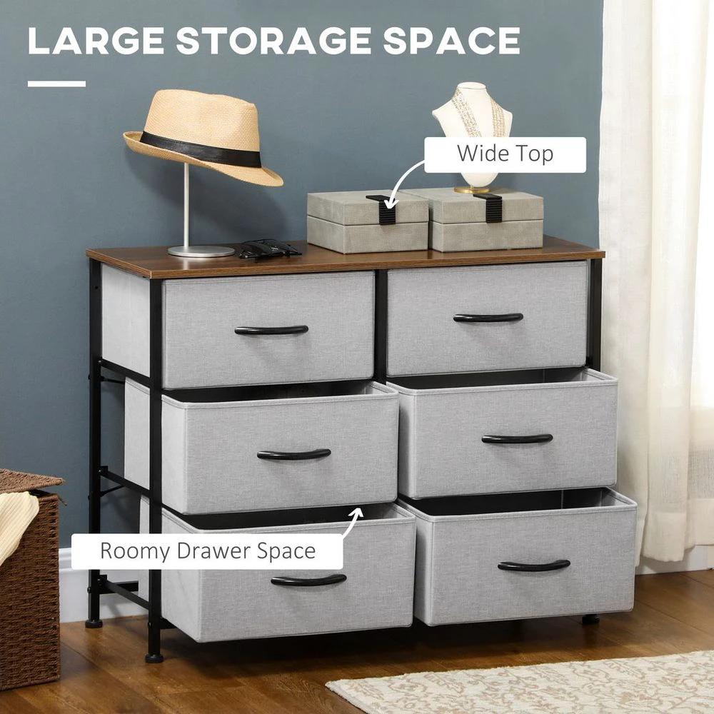 HOMCOM 6 Drawer Fabric Chest of Drawers w/ Wooden Top for Closet Hallway Grey - Uncategorized Chest of Drawers