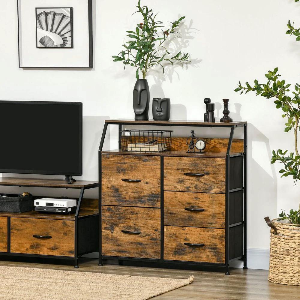 HOMCOM Bedroom Chest of Drawers with 5 Fabric Drawers, Open Shelf, Rustic Brown Homcom - Chest of Drawers