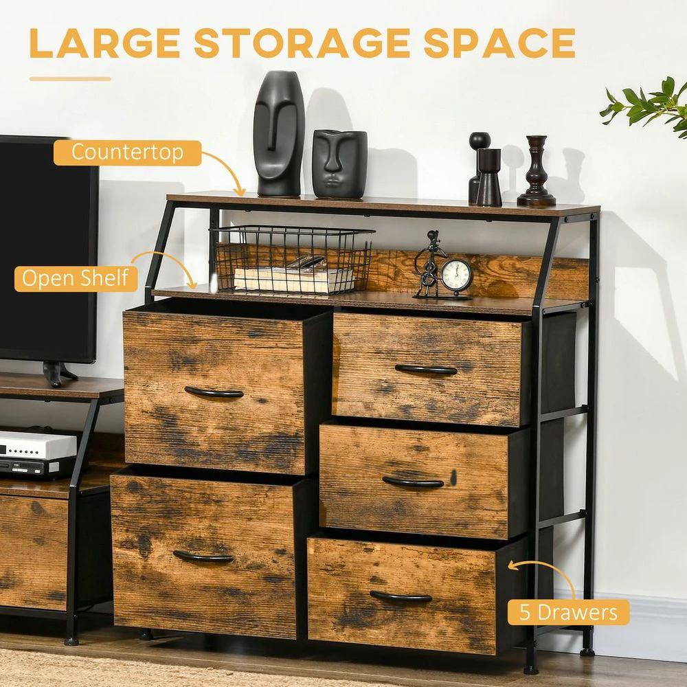 HOMCOM Bedroom Chest of Drawers with 5 Fabric Drawers, Open Shelf, Rustic Brown Homcom - Chest of Drawers