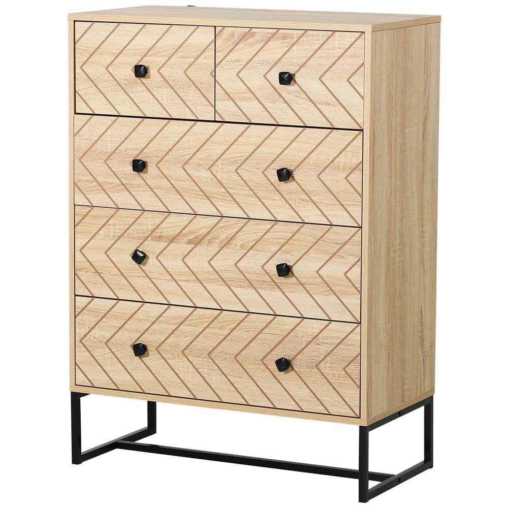 HOMCOM Chest Of 5 Drawers Storage Unit Zig Zag Design w/ Black Metal Handles - Chest of Drawers