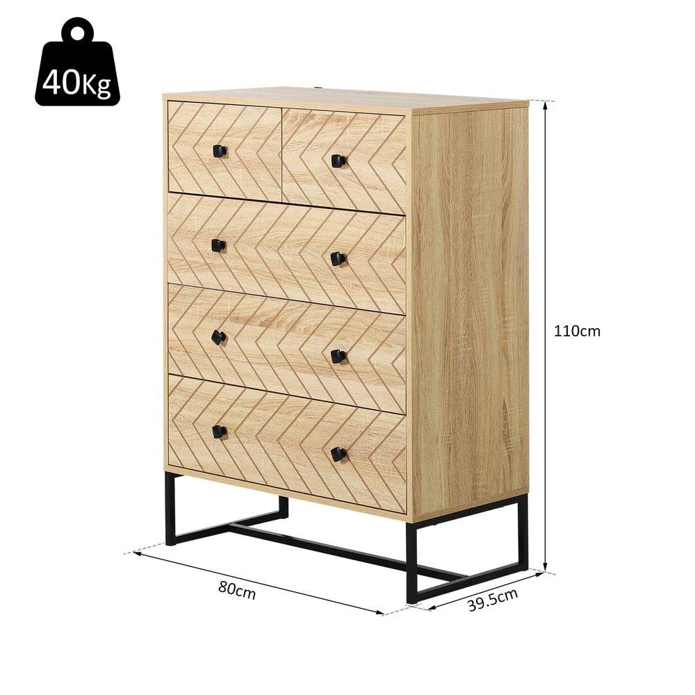 HOMCOM Chest Of 5 Drawers Storage Unit Zig Zag Design w/ Black Metal Handles - Chest of Drawers