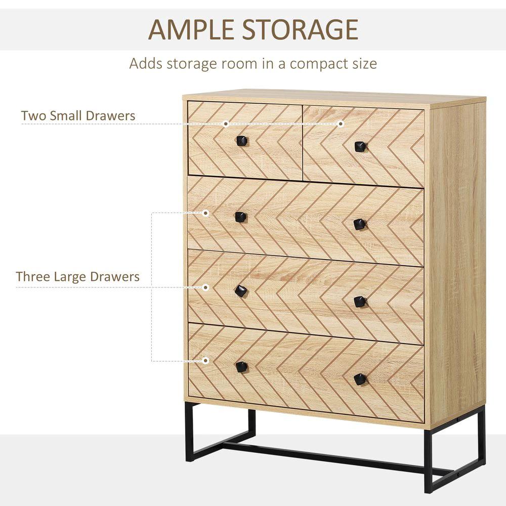 HOMCOM Chest Of 5 Drawers Storage Unit Zig Zag Design w/ Black Metal Handles - Chest of Drawers