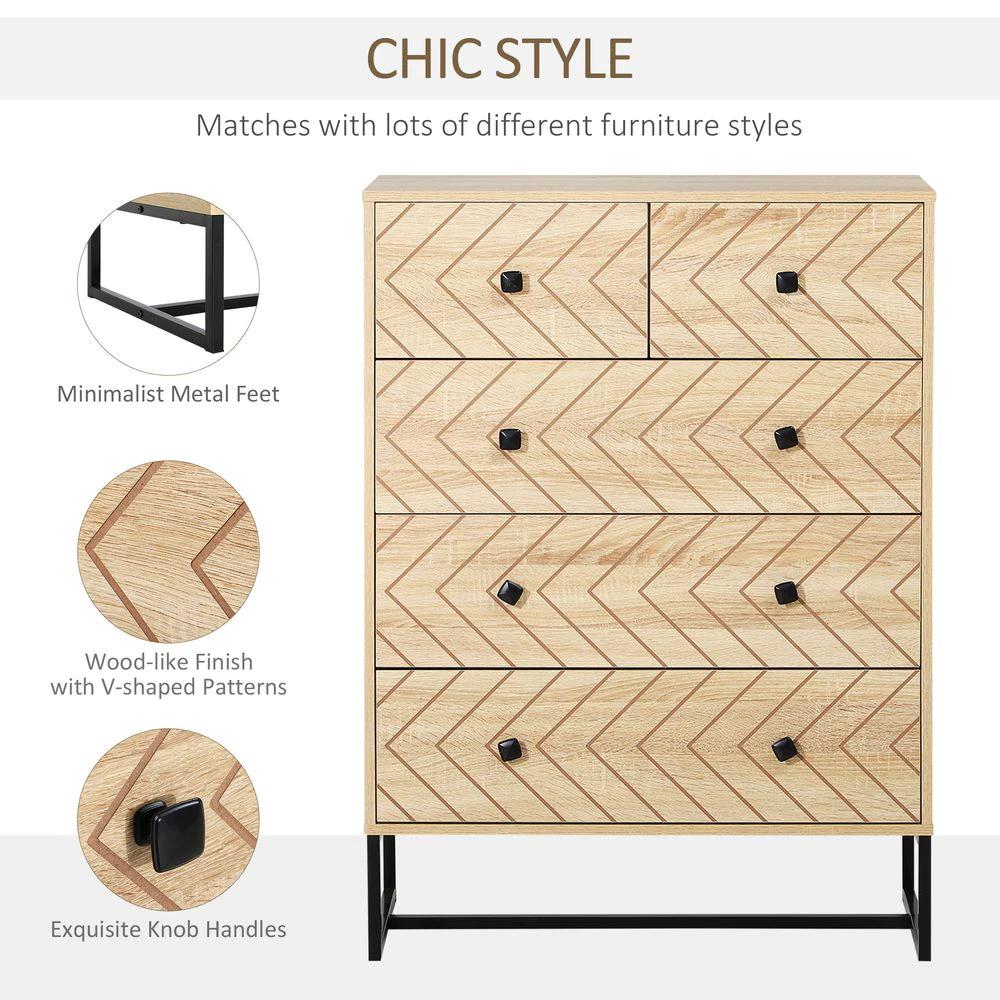 HOMCOM Chest Of 5 Drawers Storage Unit Zig Zag Design w/ Black Metal Handles - Chest of Drawers