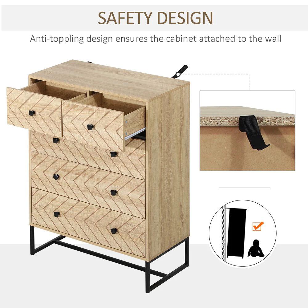 HOMCOM Chest Of 5 Drawers Storage Unit Zig Zag Design w/ Black Metal Handles - Chest of Drawers