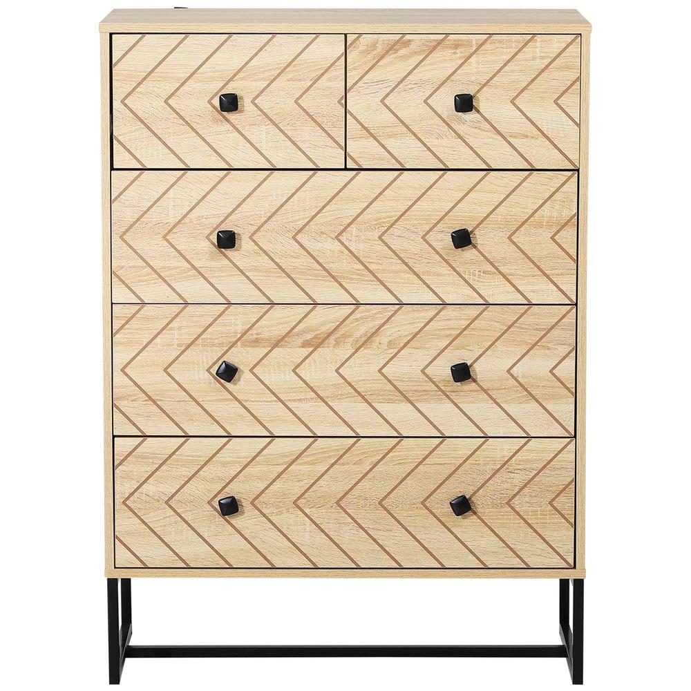 HOMCOM Chest Of 5 Drawers Storage Unit Zig Zag Design w/ Black Metal Handles - Chest of Drawers