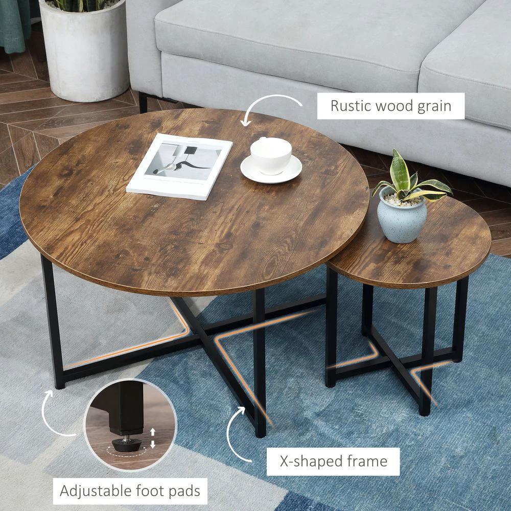 HOMCOM 2 Pcs Homcom Round Coffee Table with Metal Frame Side Accent Tables Brown - Coffee Tables Coffee Table