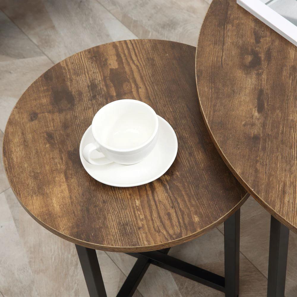 2 Pcs Homcom Round Coffee Table with Metal Frame Side Accent Tables Brown - Coffee Table from HOMCOM