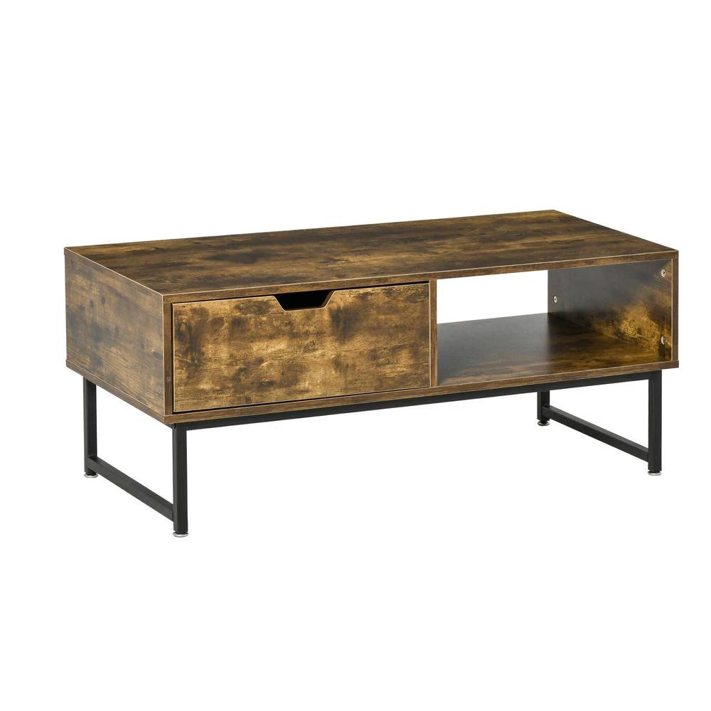 Coffee Table Wood Finish Metal Frame Sofa Table Drawer & Shelf Brown by HOMCOM