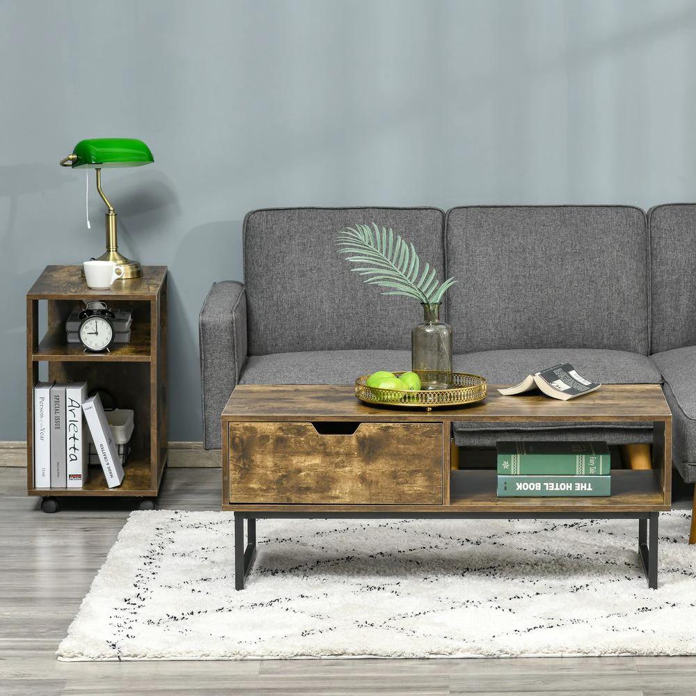 Coffee Table Wood Finish Metal Frame Sofa Table Drawer & Shelf Brown by HOMCOM
