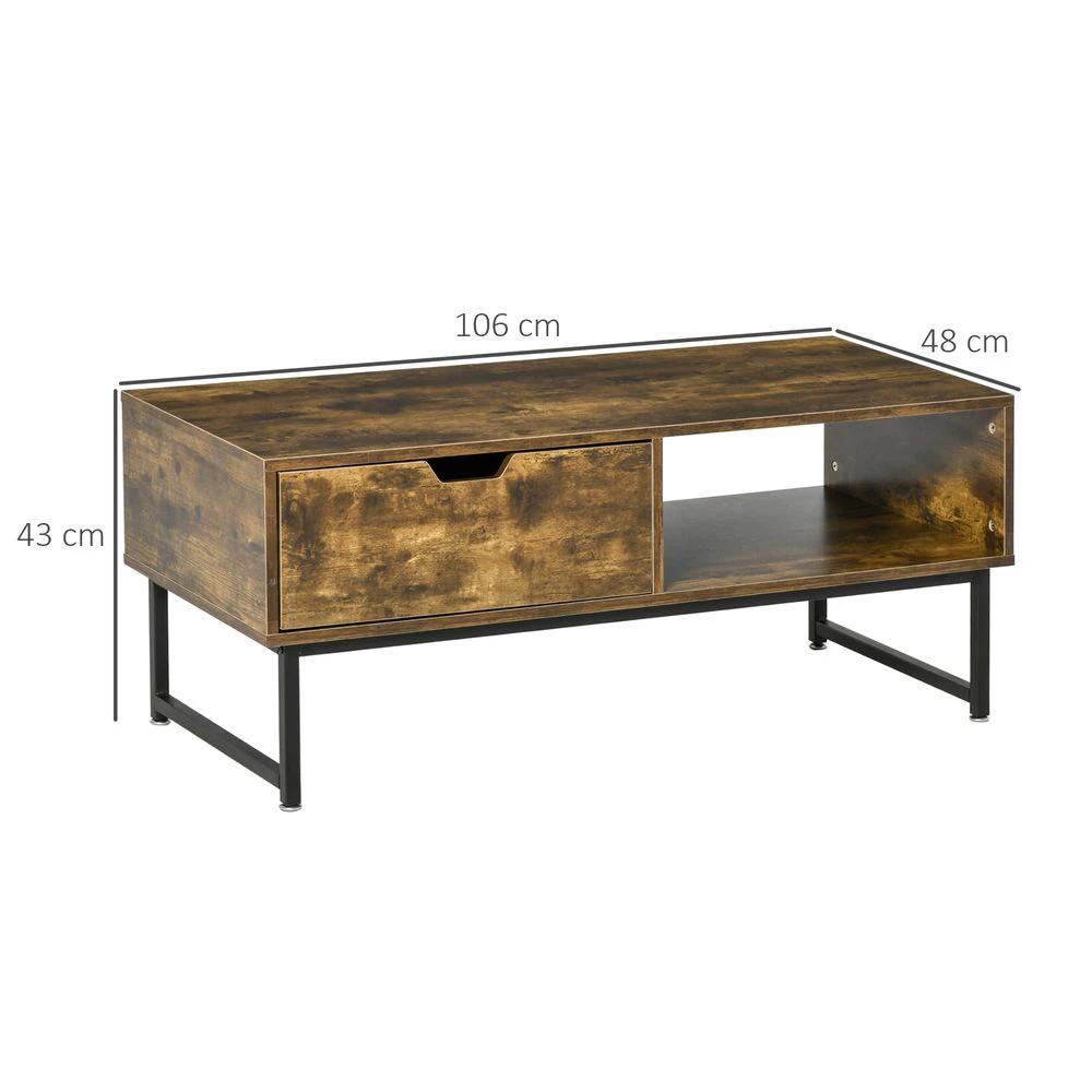 Coffee Table Wood Finish Metal Frame Sofa Table Drawer & Shelf Brown by HOMCOM