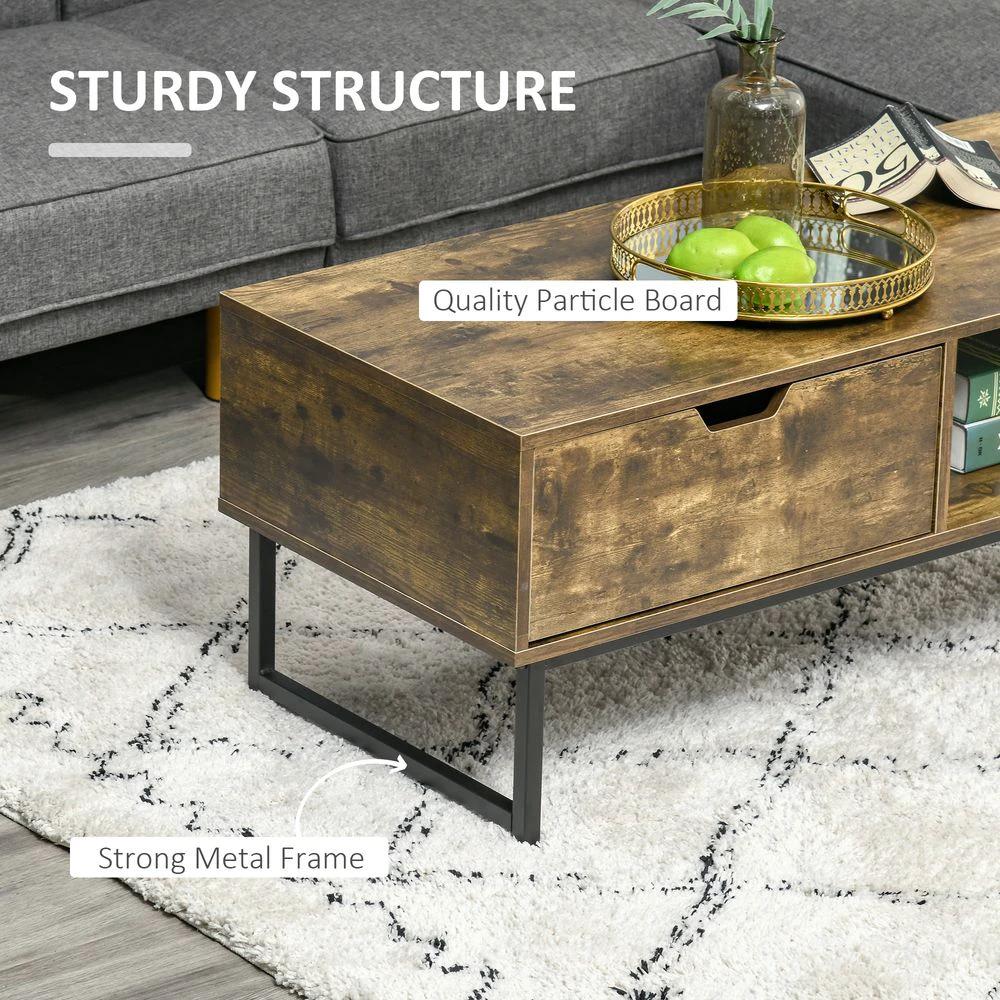 Coffee Table Wood Finish Metal Frame Sofa Table Drawer & Shelf Brown by HOMCOM