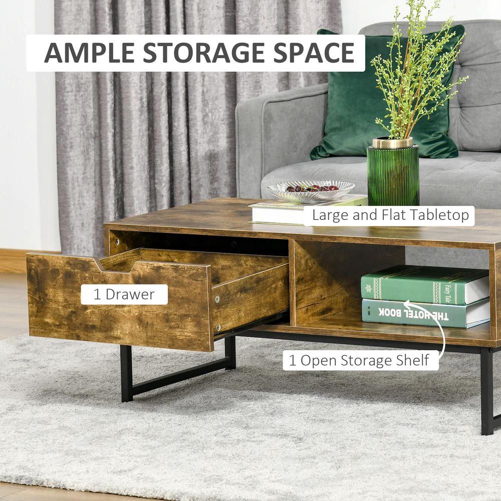 Coffee Table Wood Finish Metal Frame Sofa Table Drawer & Shelf Brown by HOMCOM
