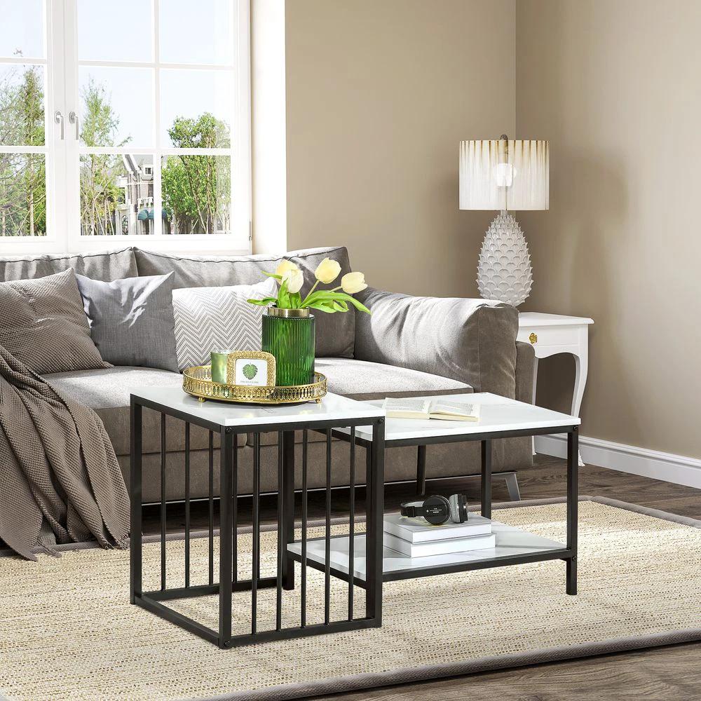 Modern Coffee Table Set of Two Steel Frame Marble-Effect White, Black by HOMCOM