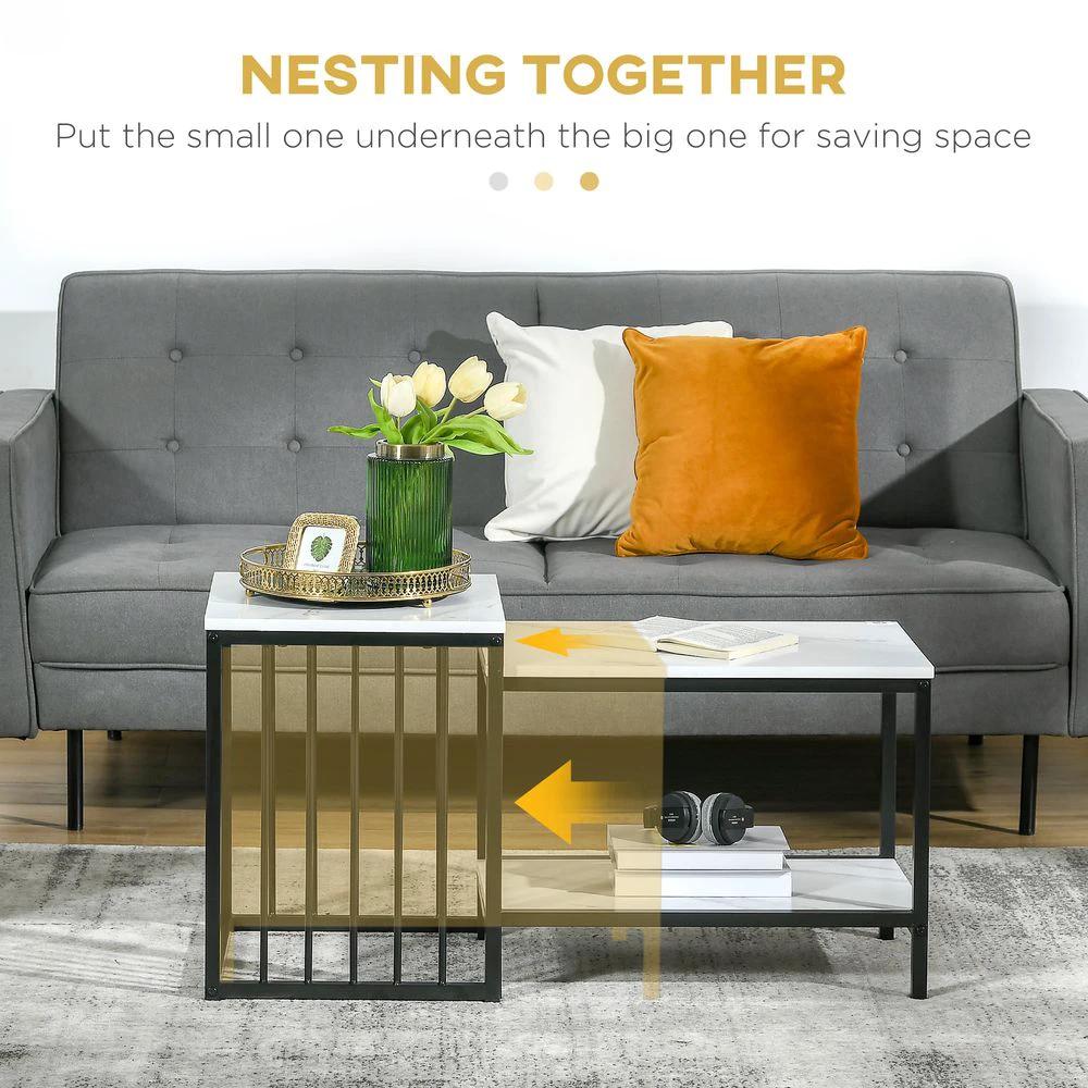 Modern Coffee Table Set of Two Steel Frame Marble-Effect White, Black by HOMCOM