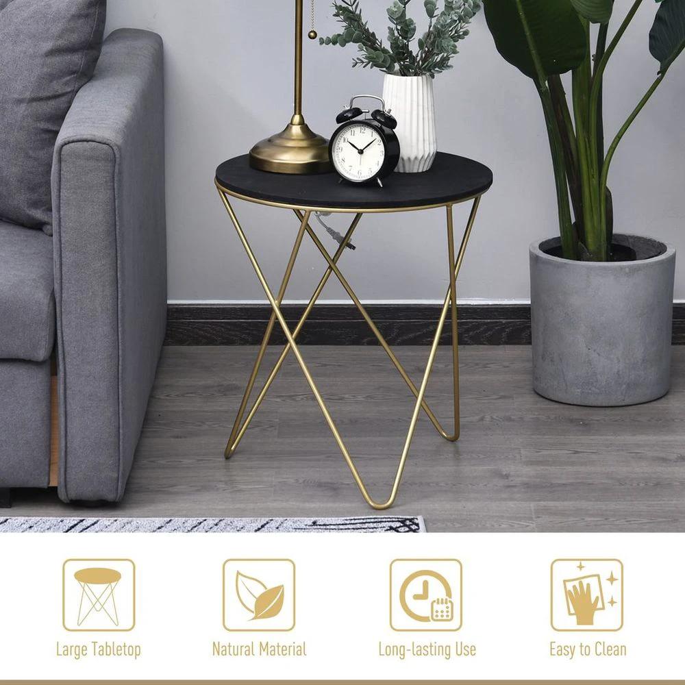 HOMCOM Round Coffee Table Sofa End Side Wood Metal Bedside Table - Black Gold - Coffee Tables Coffee Table