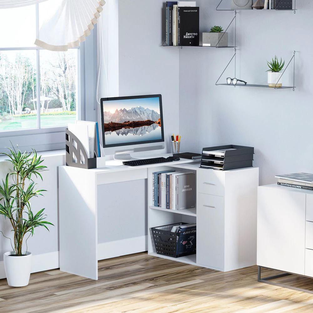 HOMCOM Computer Desk, L-Shaped, 360 Rotating-White - Desks Desk