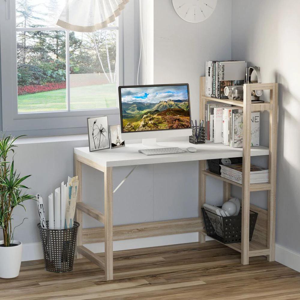 Rectangle Desk with Book Shelf Display Table Home Office, Wood Grain by HOMCOM