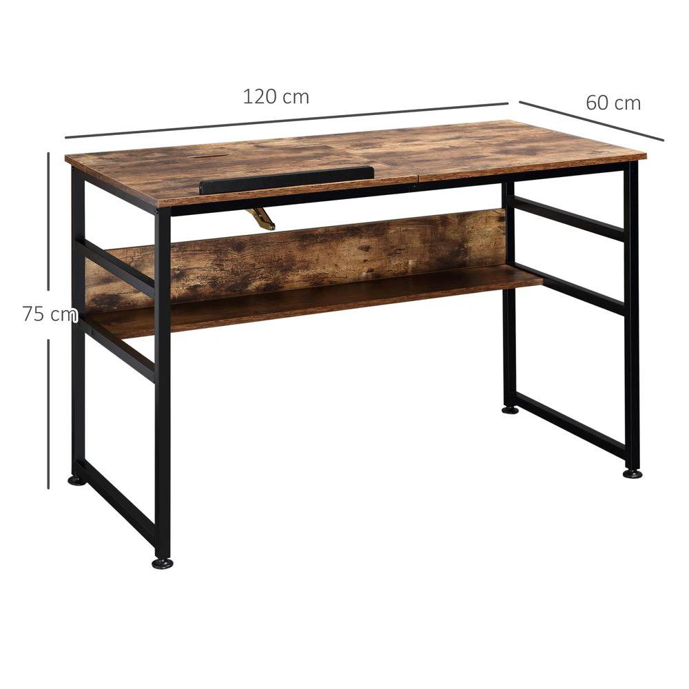 HOMCOM Tiltable Drafting Table Home Office Computer Desk Shelf, Rustic Brown - Desks Desk