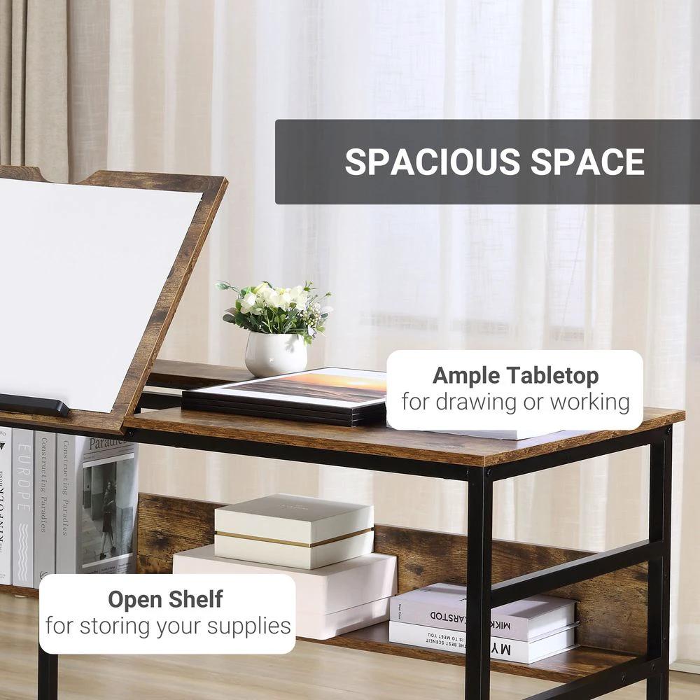 HOMCOM Tiltable Drafting Table Home Office Computer Desk Shelf, Rustic Brown - Desks Desk