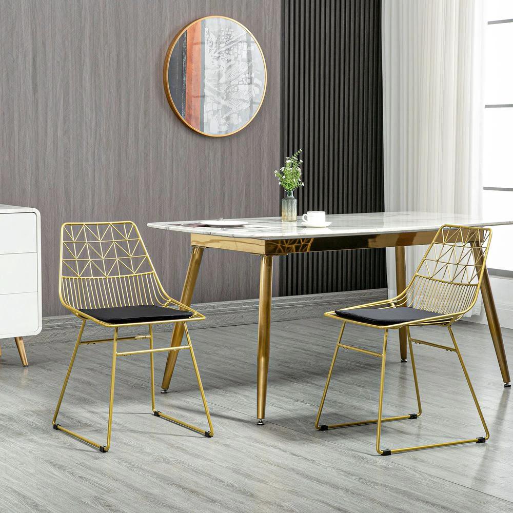 HOMCOM Dining Chairs Set of 2, Metal Wire Kitchen Chairs with Back, Gold Tone - Uncategorized Dining Chairs