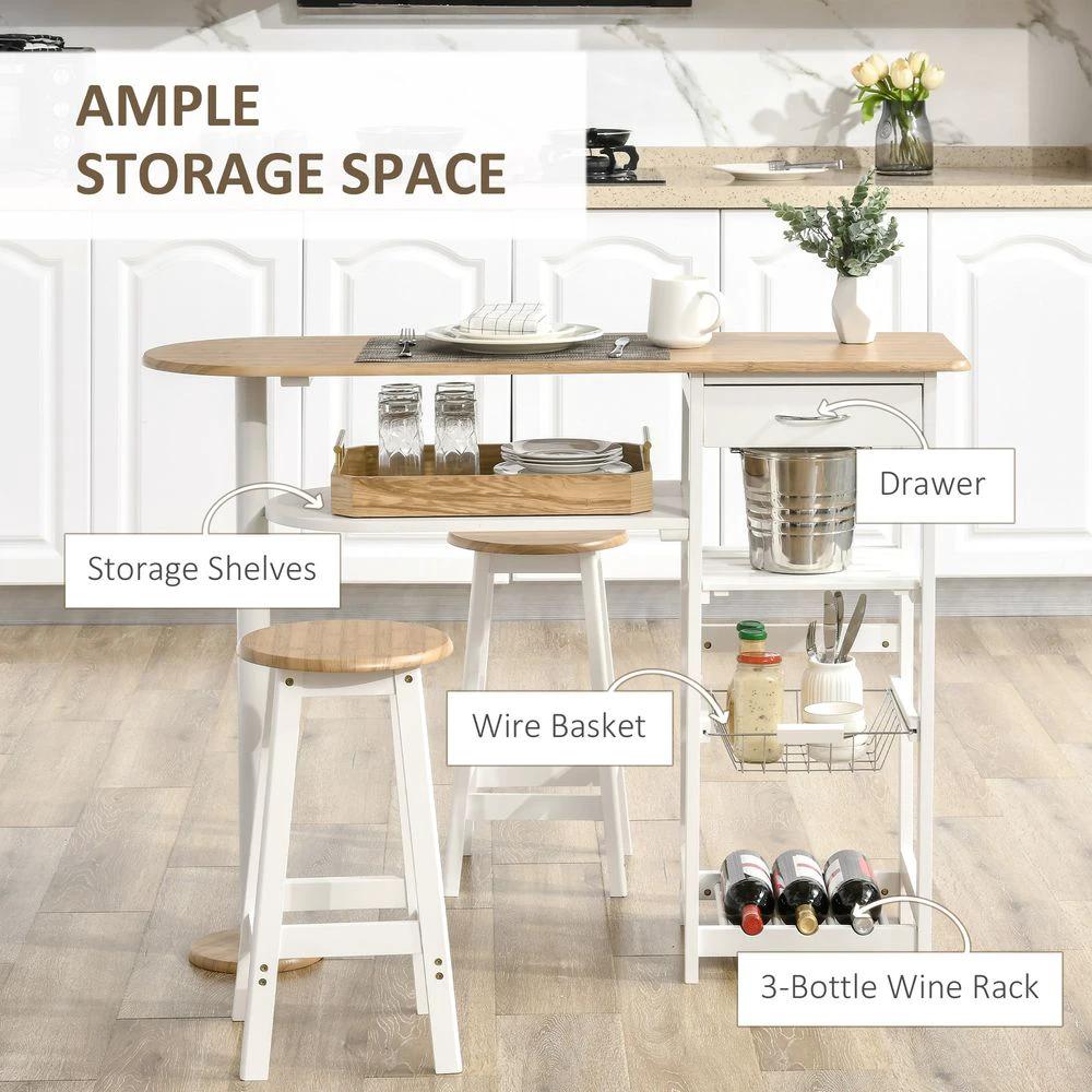 3 Piece Homcom Bar Table Set, Breakfast and Stools Wine Rack Natural White by HOMCOM