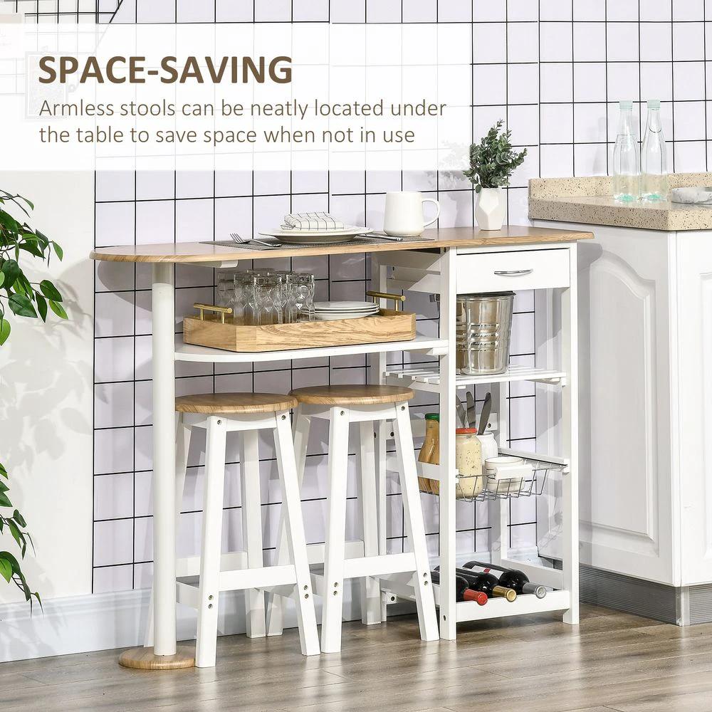 3 Piece Homcom Bar Table Set, Breakfast and Stools Wine Rack Natural White by HOMCOM