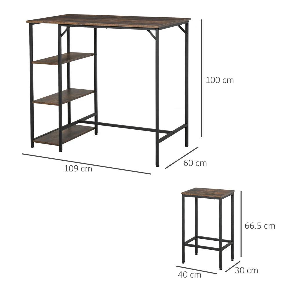 3PC Homcom Industrial Bar Height Dining Table Set With 2 Stools & Side Shelf, by HOMCOM