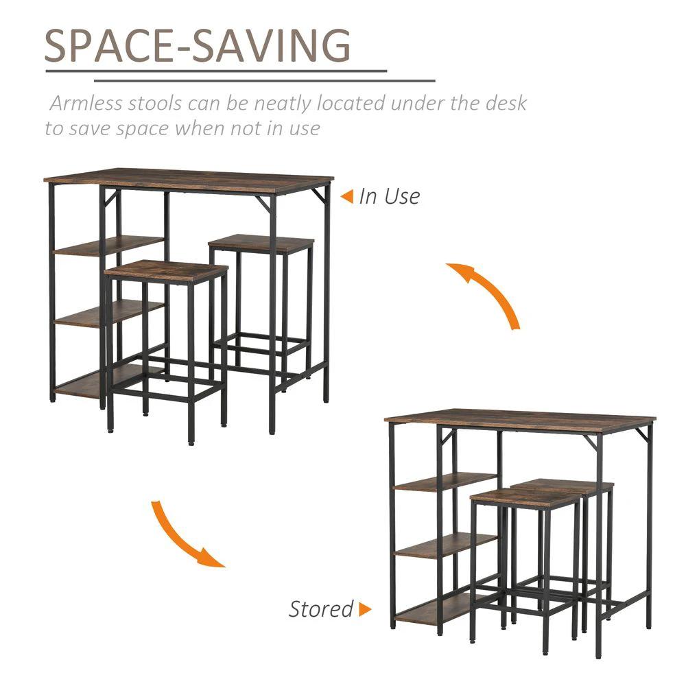 3PC Homcom Industrial Bar Height Dining Table Set With 2 Stools & Side Shelf, by HOMCOM