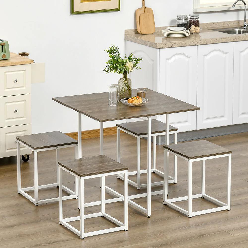 5-Piece Homcom Dining Table Set Metal Frame Square 4 Chairs Walnut by HOMCOM