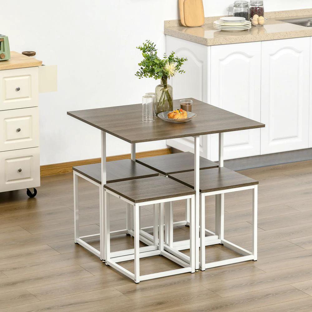 5-Piece Homcom Dining Table Set Metal Frame Square 4 Chairs Walnut by HOMCOM