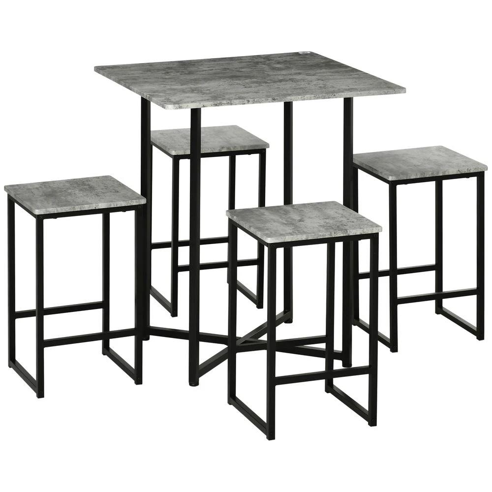 HOMCOM 5pc Bar Table Set, Square Dining Table Set for 4 People, Concrete Grey - Uncategorized Dining Set