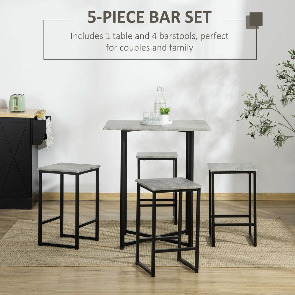 5pc Bar Table Set, Square Dining Table Set for 4 People, Concrete Grey by HOMCOM