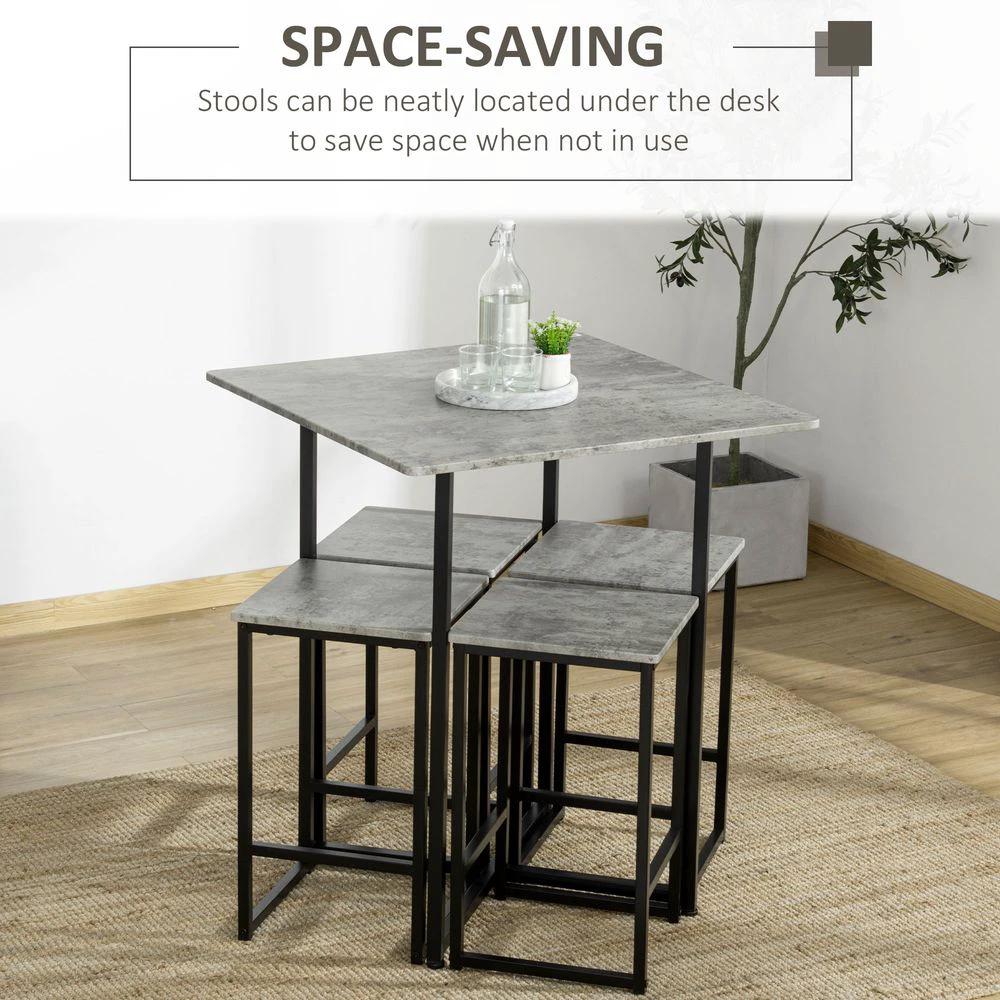 5pc Bar Table Set, Square Dining Table Set for 4 People, Concrete Grey by HOMCOM