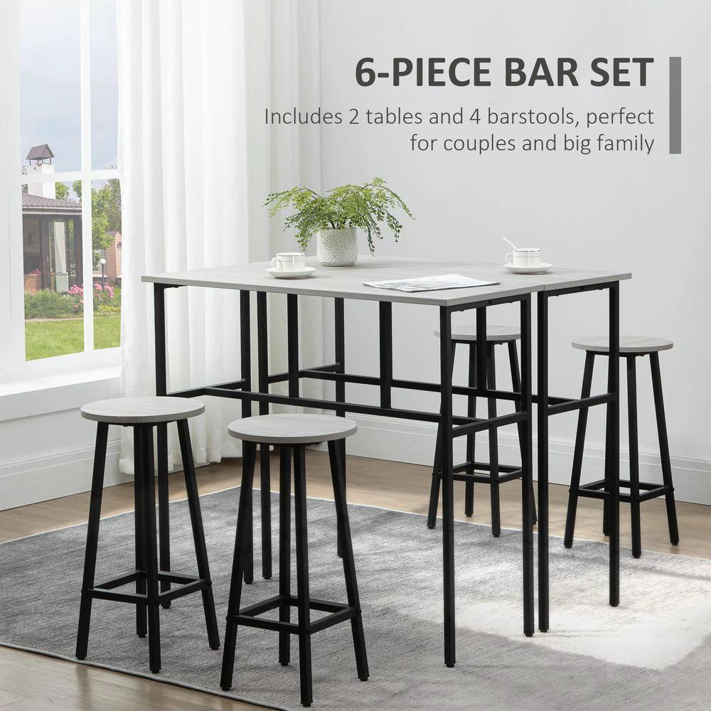 6-Piece Bar Table Set, 2 Breakfast Tables with 4 Stools,Grey by HOMCOM