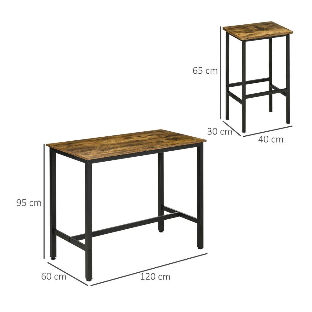Industrial Bar Table Set, 2 Stools, 3PC Counter Height Rustic Brown by HOMCOM