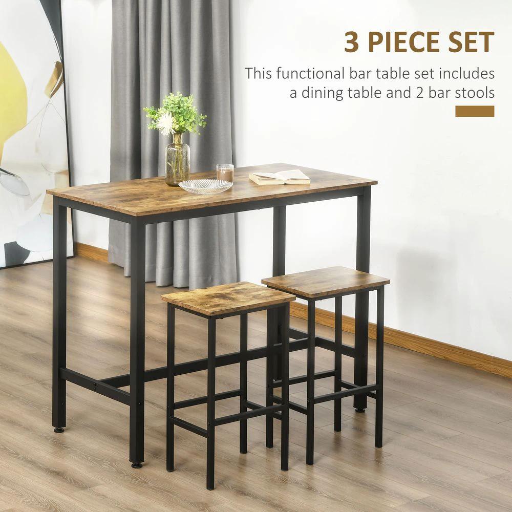 Industrial Bar Table Set, 2 Stools, 3PC Counter Height Rustic Brown by HOMCOM