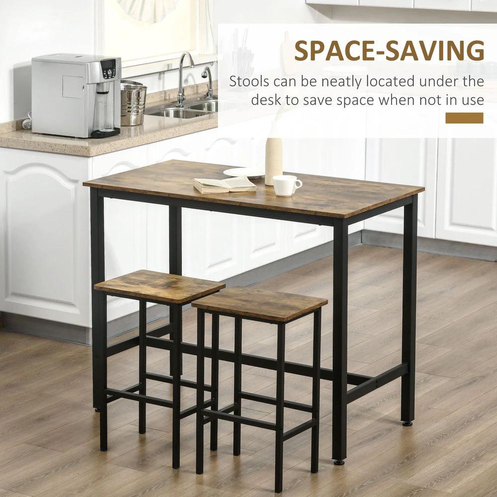 Industrial Bar Table Set, 2 Stools, 3PC Counter Height Rustic Brown by HOMCOM