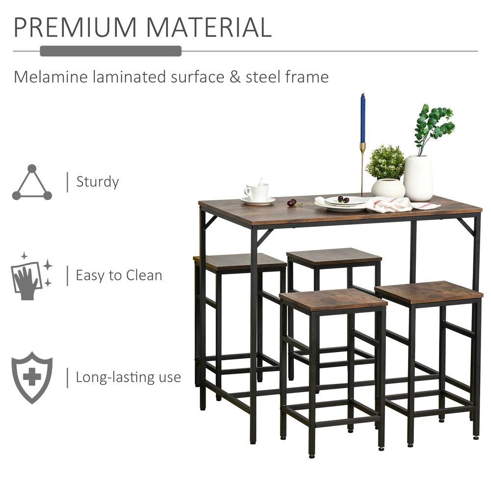 HOMCOM MDF Industrial 5-Piece Dining Set Dining Table with 4 Stools Black/Brown - Uncategorized Dining Set