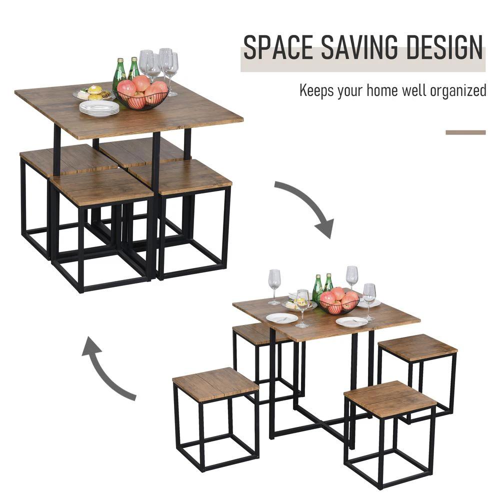 HOMCOM MDF Topped Steel 5-Piece Dining Set Dining Table with 4 Stools Black/Brown - Uncategorized Dining Set