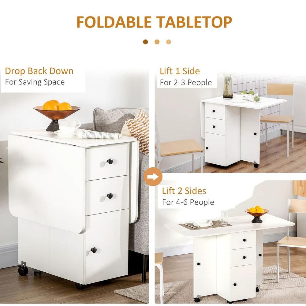 Folding Dining Table, Drop Leaf Table With Storage Drawers White by HOMCOM