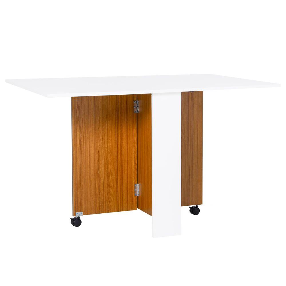Folding Drop Leaf Table Dining Mobile Writing Desk W/ Casters-Teak/White by HOMCOM