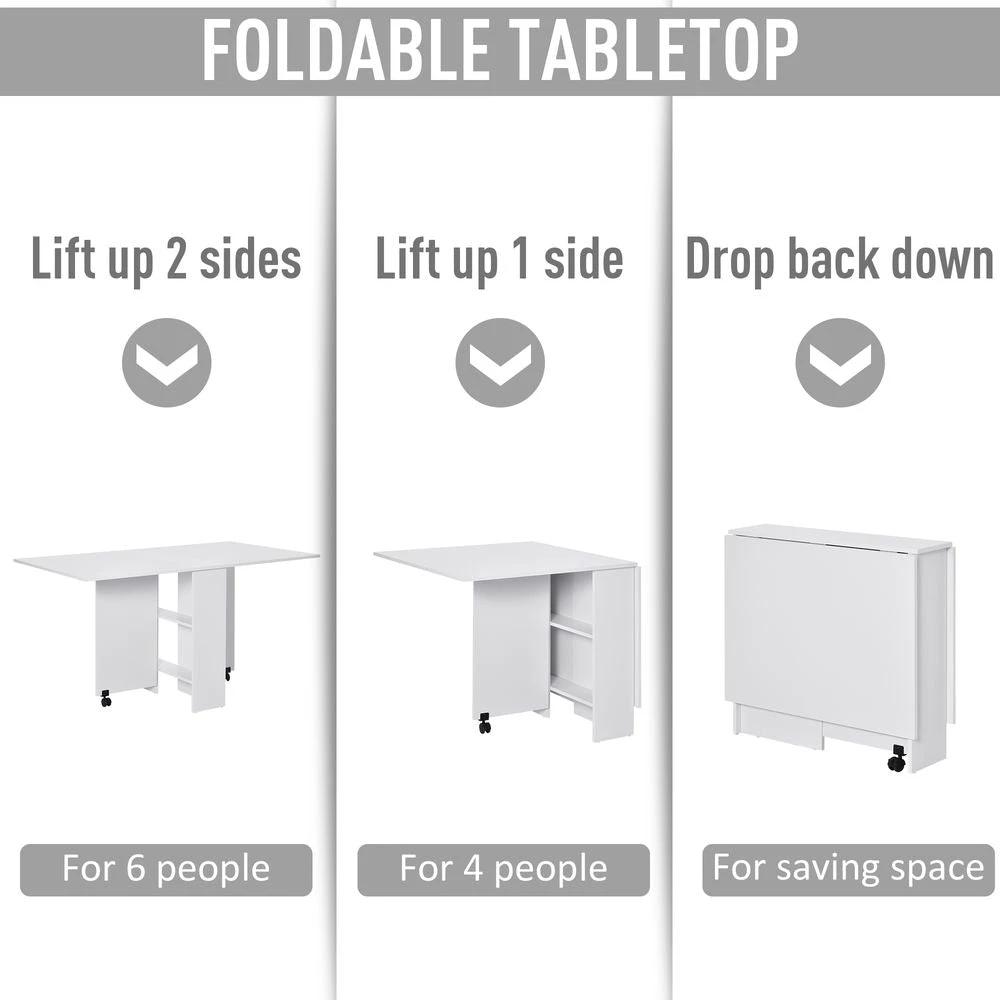 Kitchen Folding Desk Mobile Drop Leaf Dining Table Wheel Storage Shelves White by HOMCOM