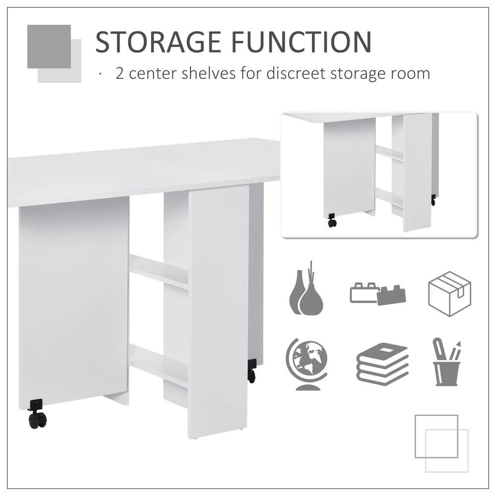 Kitchen Folding Desk Mobile Drop Leaf Dining Table Wheel Storage Shelves White by HOMCOM