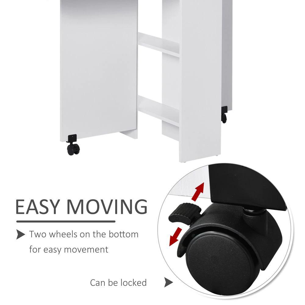 Kitchen Folding Desk Mobile Drop Leaf Dining Table Wheel Storage Shelves White by HOMCOM