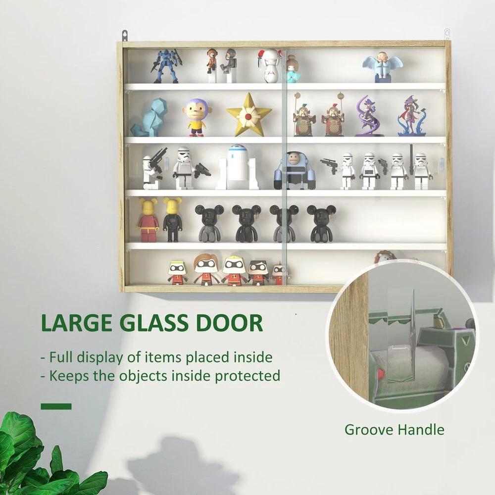 5-Tier Wall Display Shelf Unit Cabinet w/ Shelves Glass Doors Natural by HOMCOM