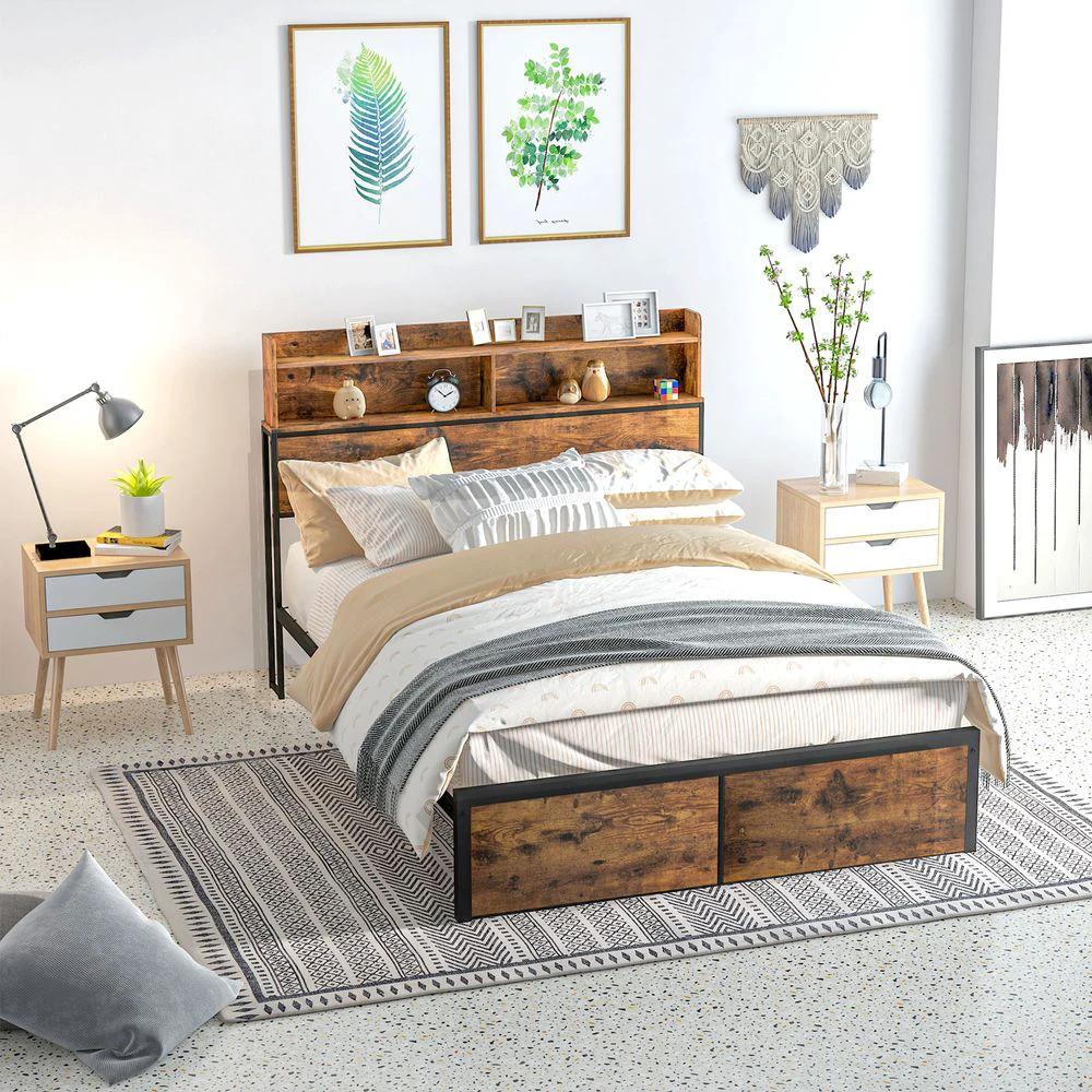 HOMCOM 4.8FT Double Bed Frame with Storage Headboard and Under Bed Storage - Uncategorized Double Bed
